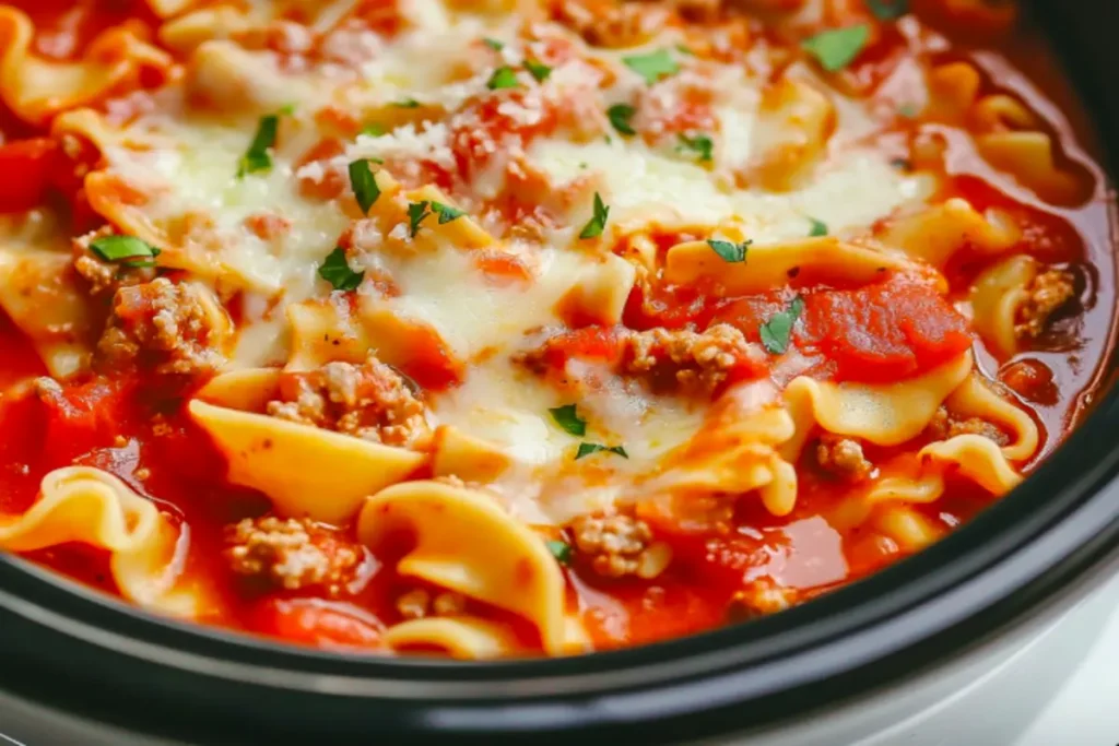 A crockpot filled with lasagna soup, pasta, and melted cheese.