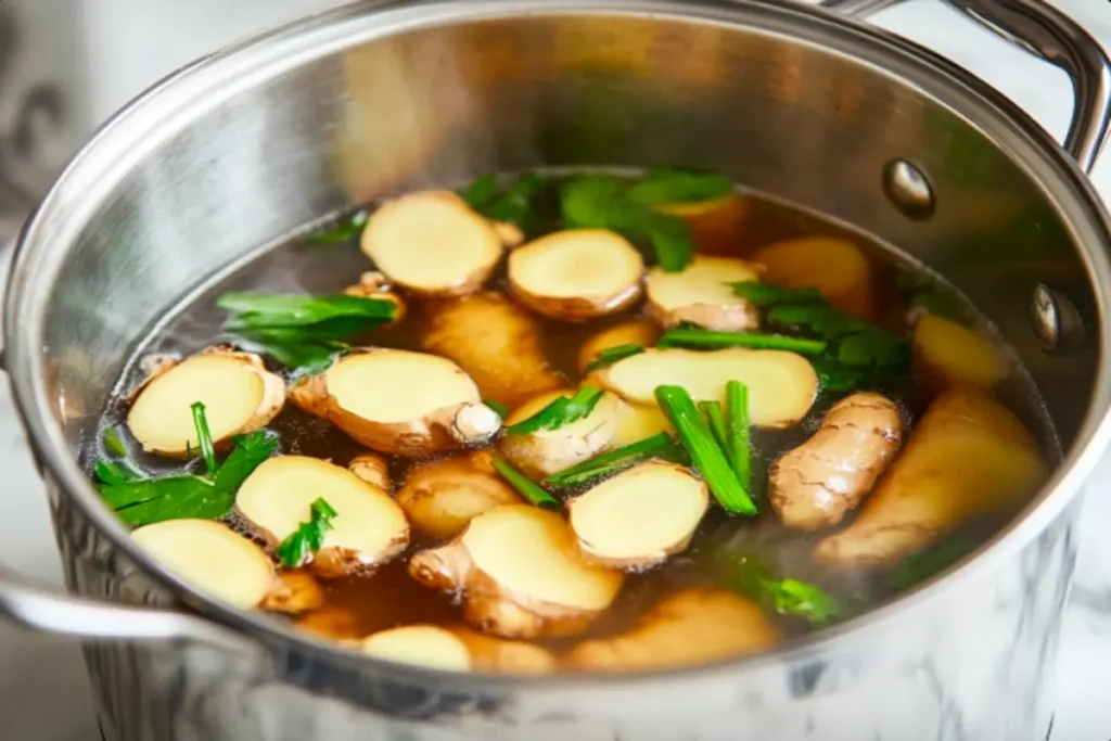 A pot of simmering broth with floating ginger slices, garlic, and scallions.