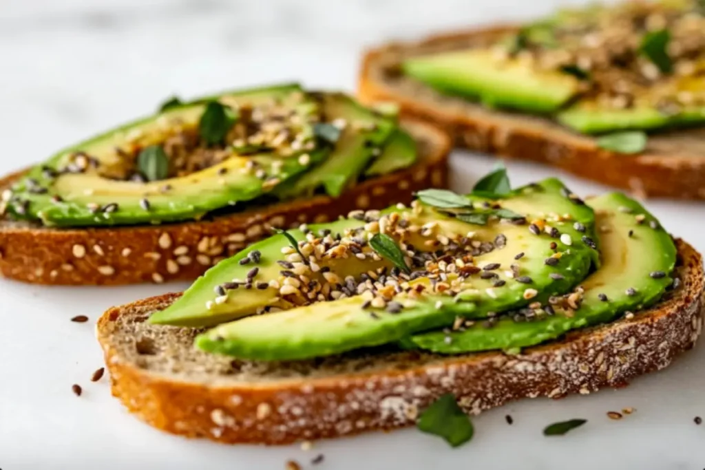 Slices of gluten-free sourdough bread topped with avocado and seeds.