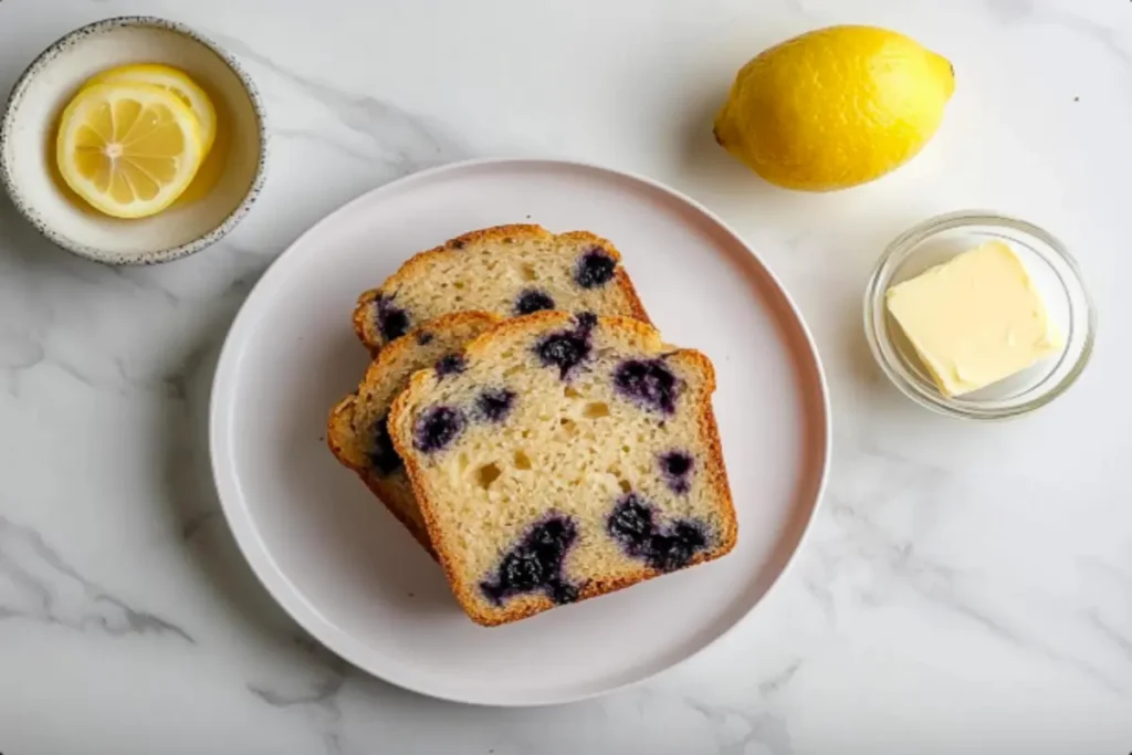 Slices of lemon blueberry bread on a serving plate with butter and honey.