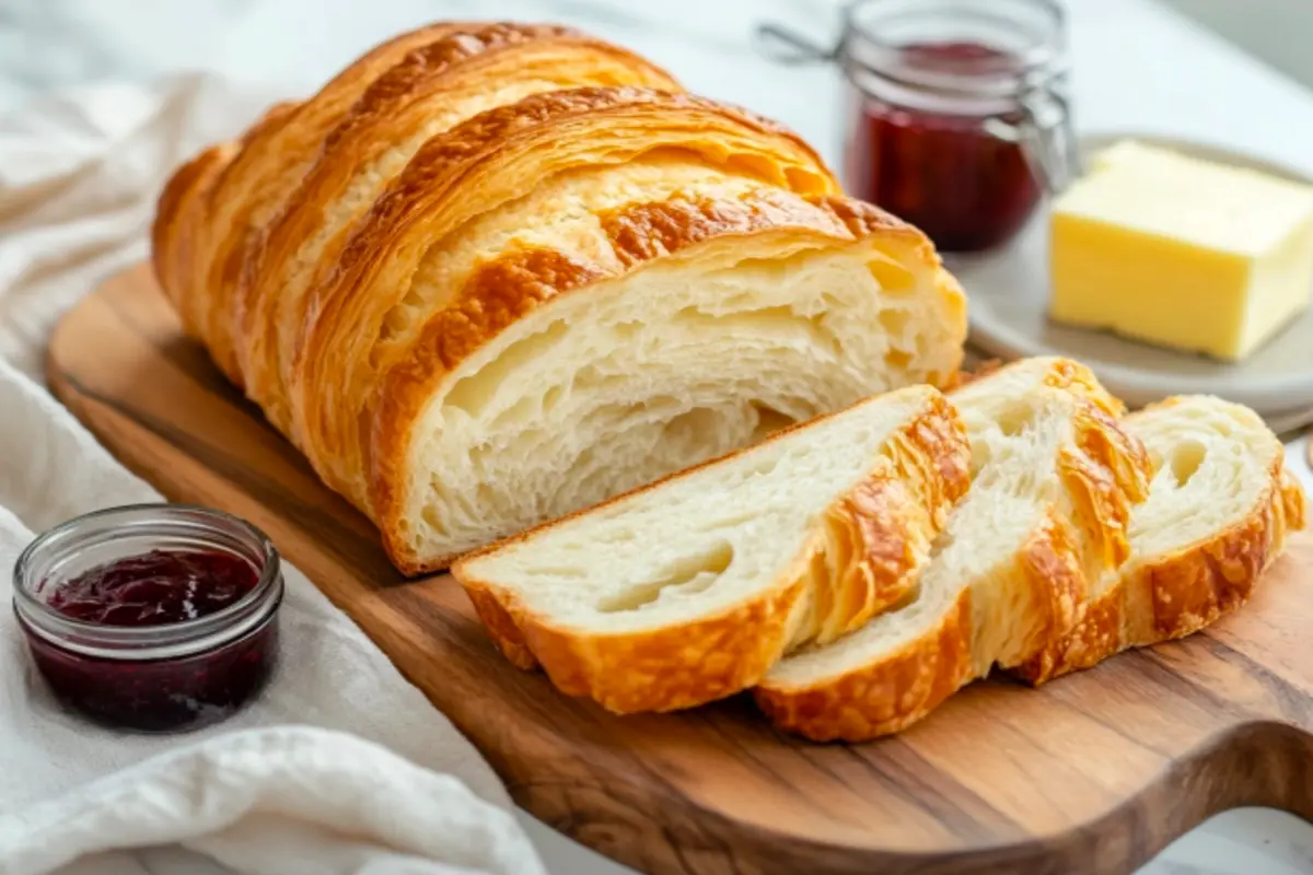 Neatly sliced rectangular croissant bread revealing a soft, airy interior with delicate layers, arranged on a wooden board with butter and jam.