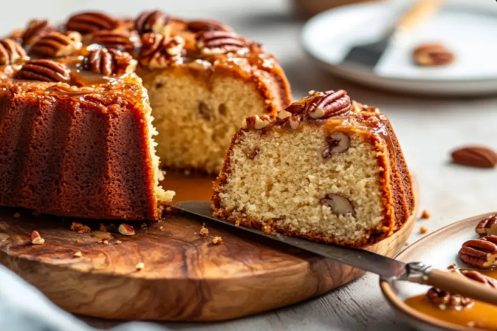 A Butter Pecan Pound Cake being sliced on a wooden board, showcasing its golden crust and soft interior.