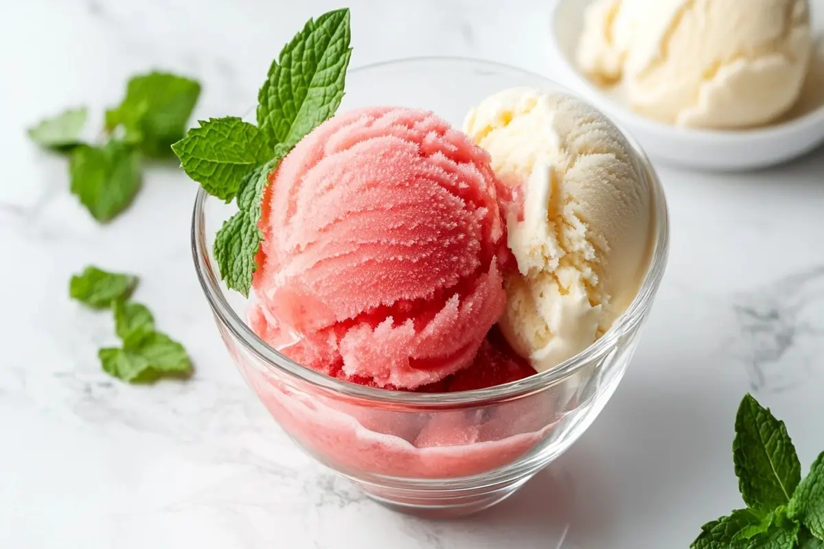 A glass bowl of fruit sorbet next to a scoop of vanilla ice cream on a white marble kitchen counter.