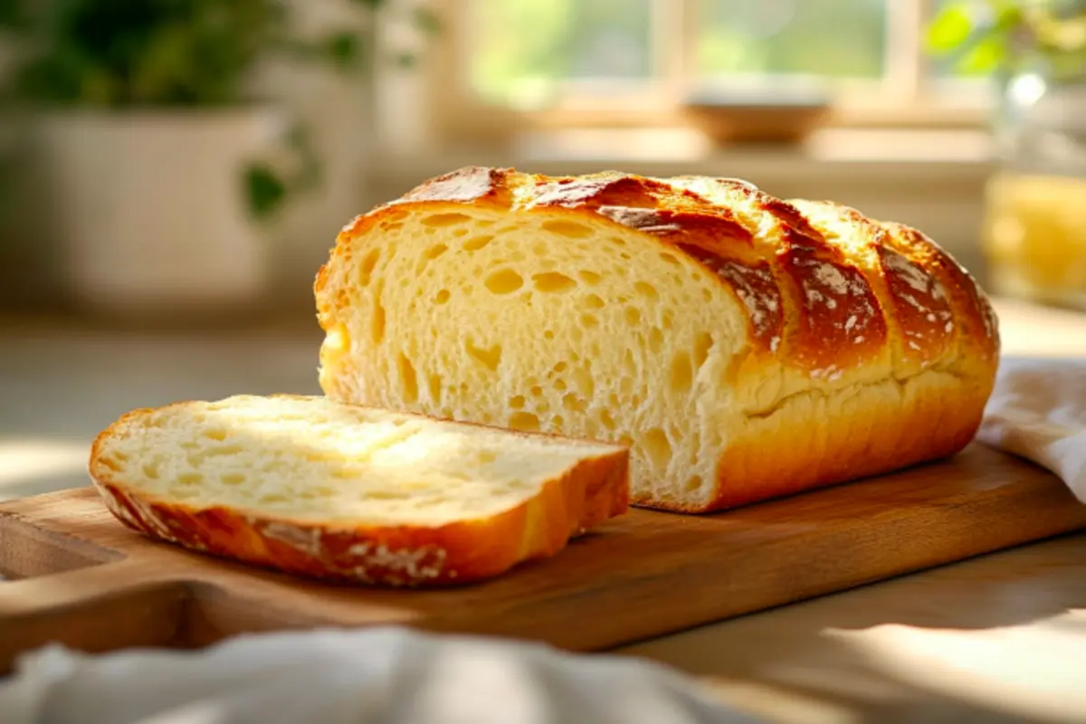 A freshly sliced artisan sourdough loaf with a golden crust and airy crumb structure on a wooden board.