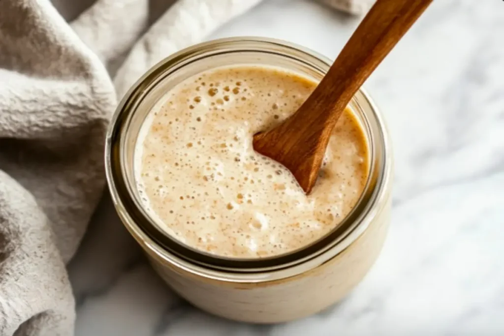 A bubbly gluten-free sourdough starter in a glass jar. 