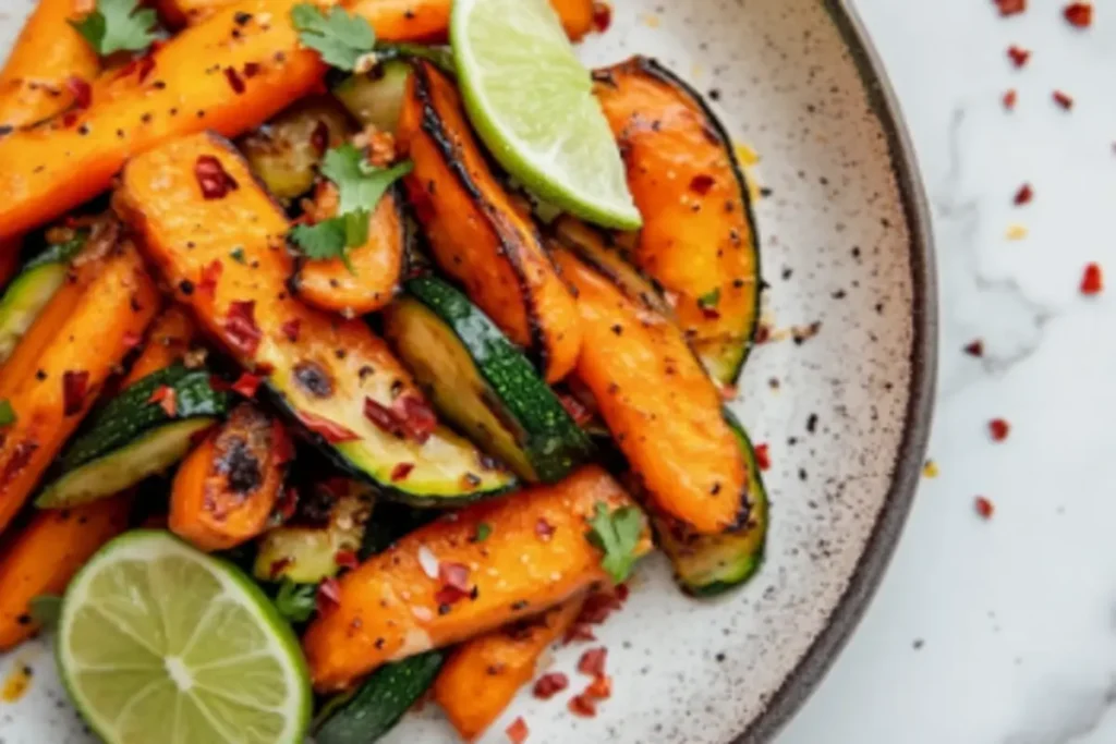 Spicy sautéed carrots and zucchini with red pepper flakes and lime.