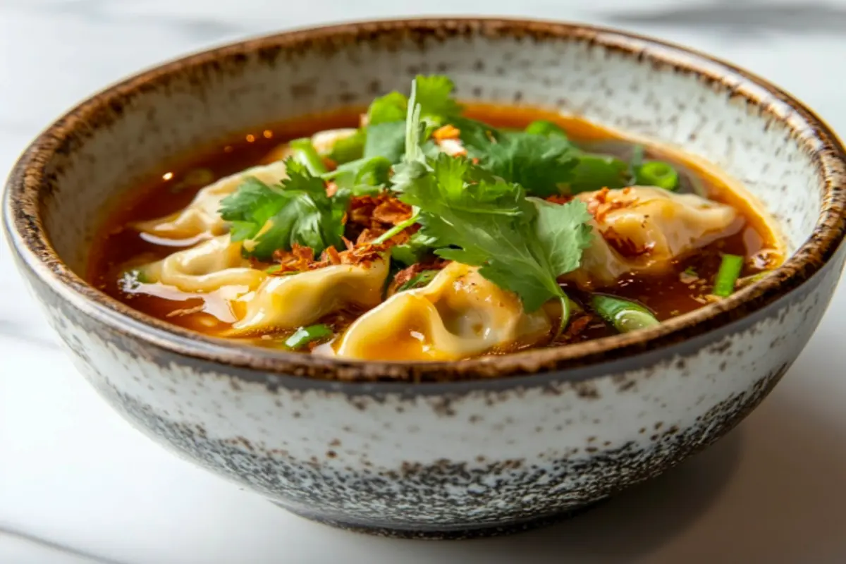 A steaming bowl of wonton noodle soup with delicate wontons, springy noodles, and aromatic broth.