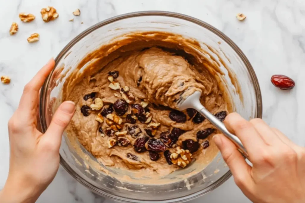 Hands mixing batter for date nut bread