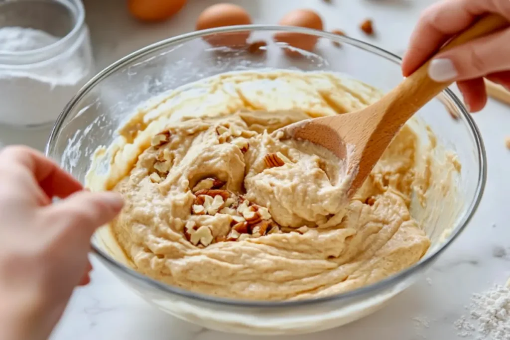 A person mixing protein muffin batter in a glass bowl with a wooden spoon.