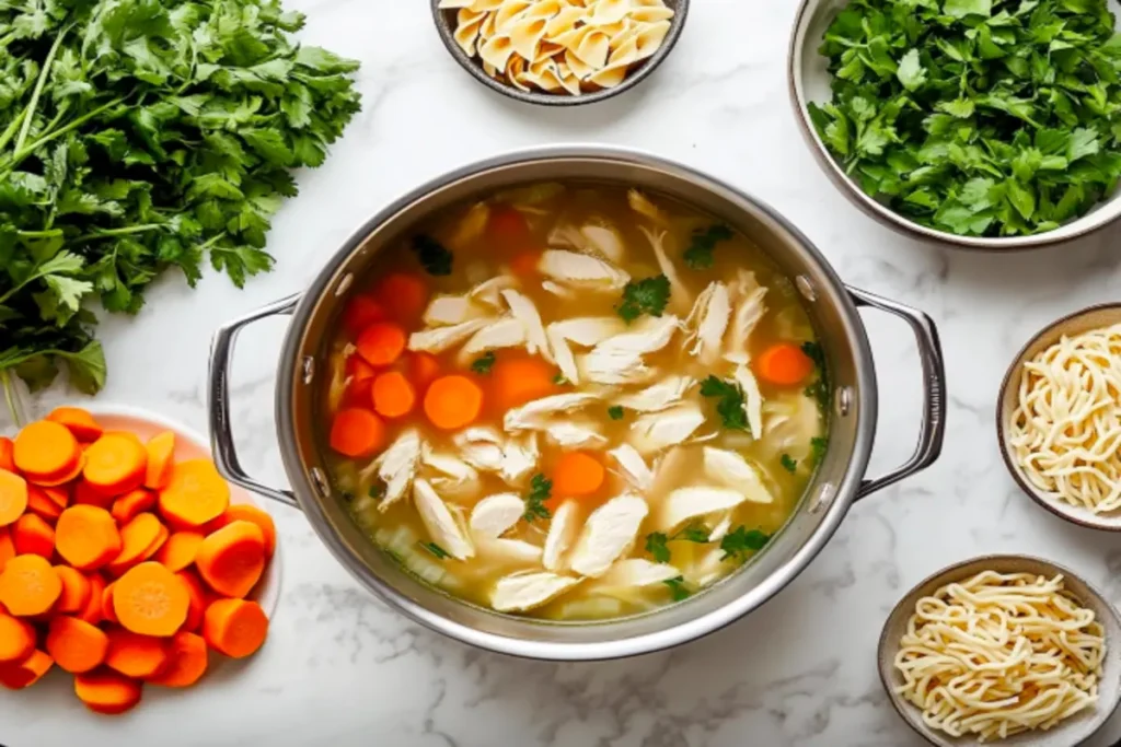 The preparation process of gluten-free chicken noodle soup with fresh ingredients.