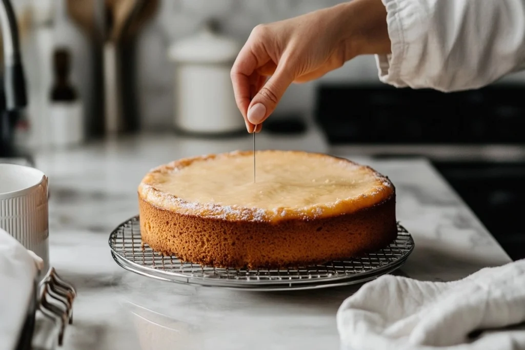 A baker testing a butter cake’s doneness with a toothpick on a white marble kitchen counter.