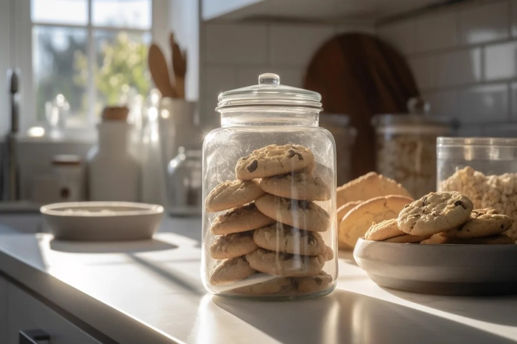 Coconut chocolate chip cookies stored in a glass jar