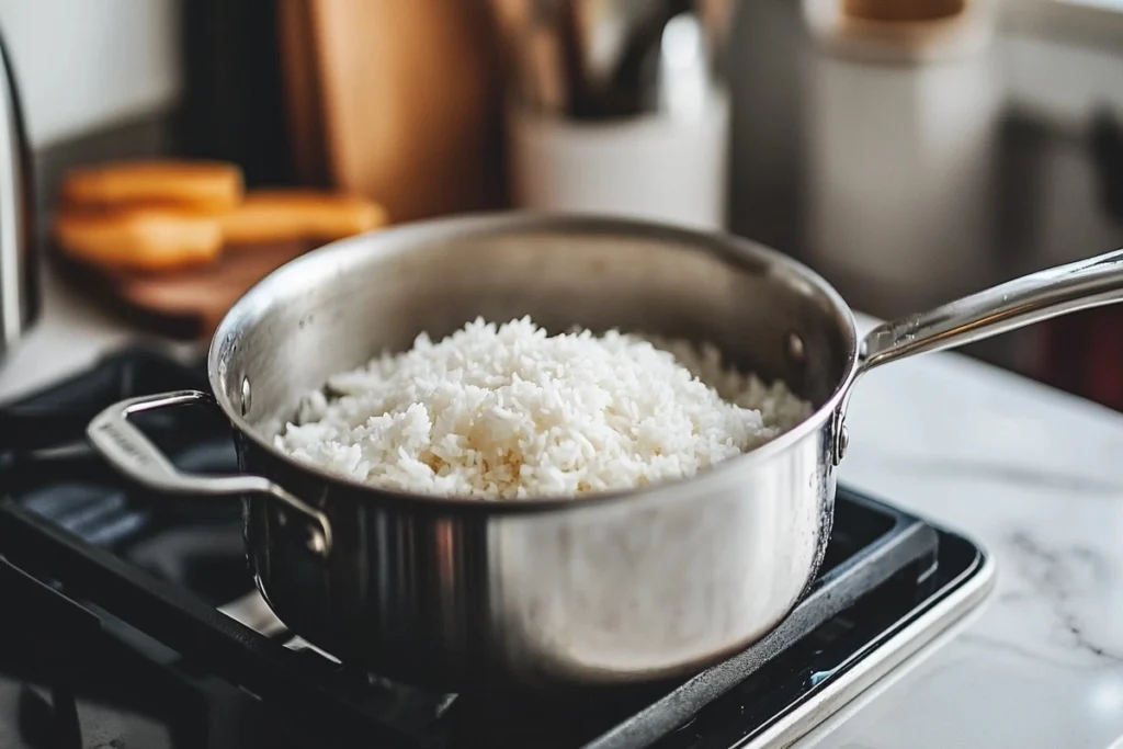 Coconut jasmine rice served with vegetable stir-fry and lime