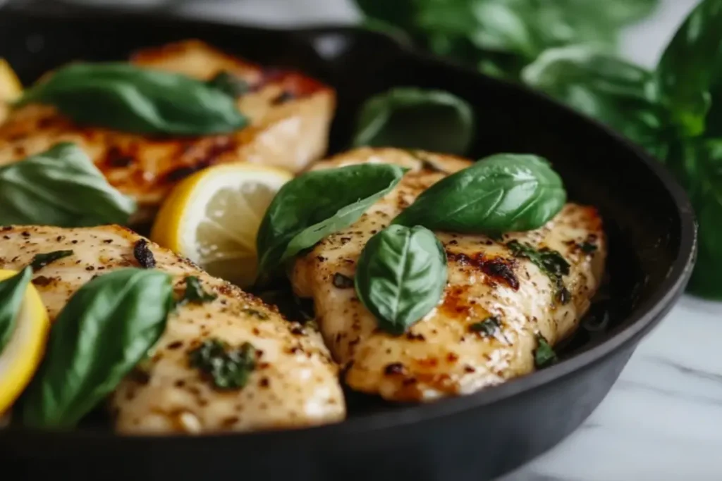 Chicken sizzling in a cast-iron skillet with basil and lemon.