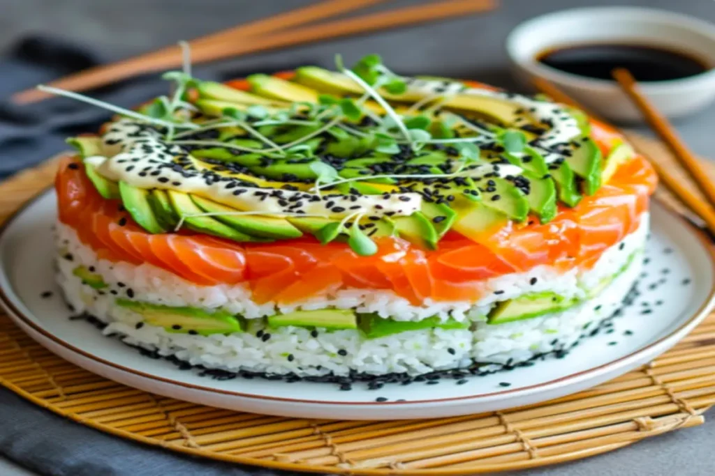 A sushi cake featuring layers of seasoned sushi rice, fresh diced salmon, avocado, and creamy spread, garnished with black sesame seeds, alfalfa sprouts, and scallions, served on a white ceramic plate.