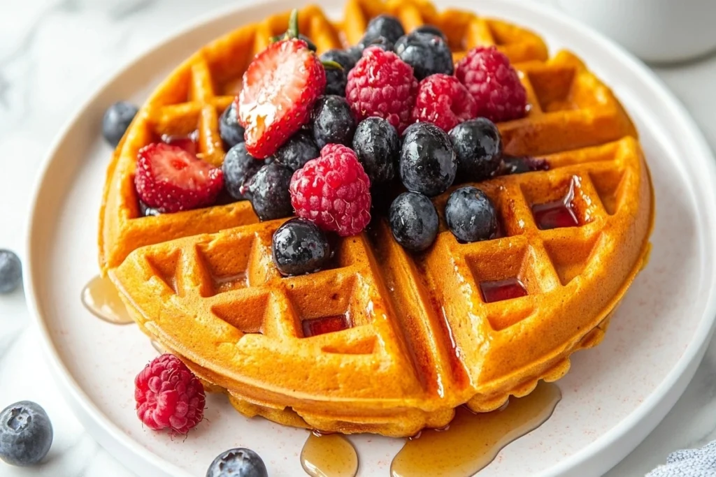 Sweet potato waffles topped with fresh berries and syrup 