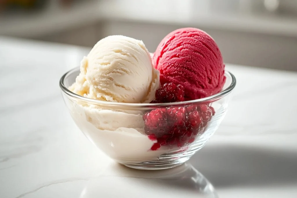 A scoop of creamy vanilla ice cream melting next to a firm red sorbet scoop.