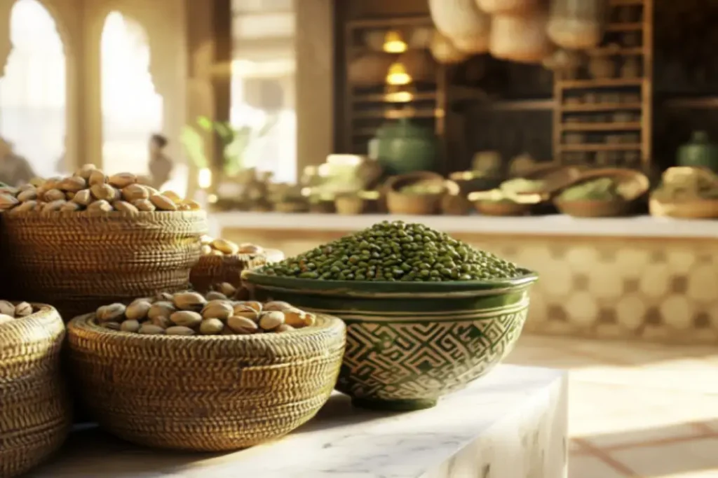 A Middle Eastern market selling fresh pistachios and pistachio paste in a vibrant, historical setting.