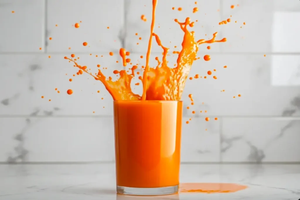 Juice being poured into a glass with splashes