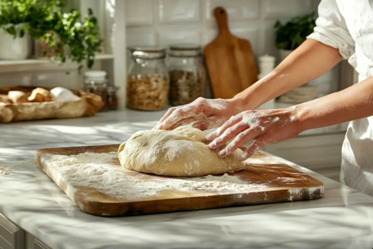 A baker kneading dough on a floured wooden surface with kitchen ingredients in the background.