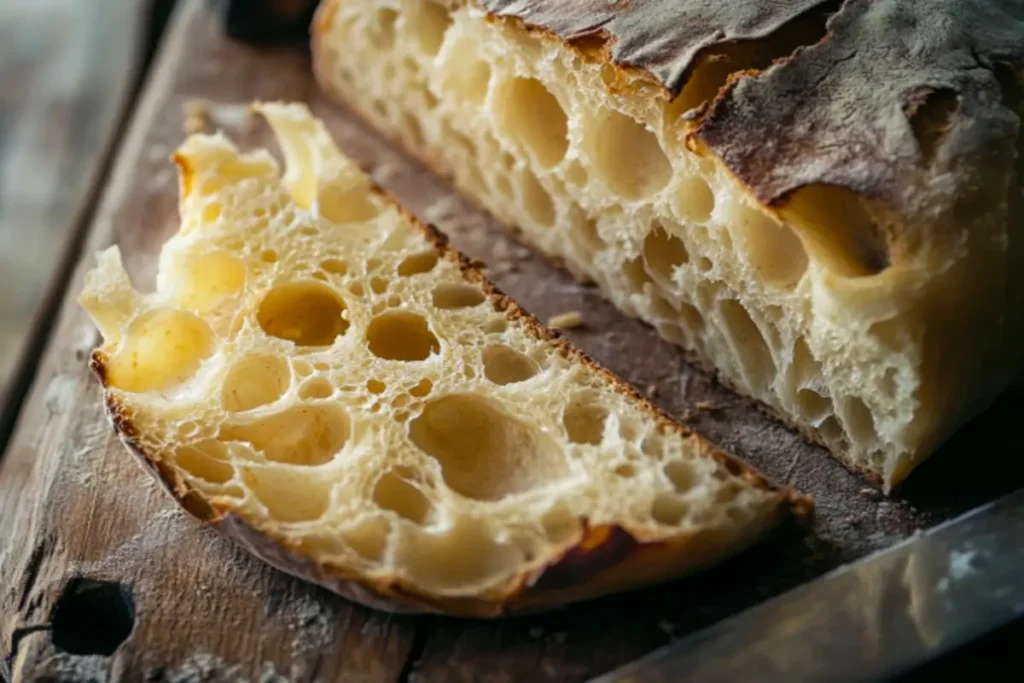 A close-up of sourdough bread with an open crumb structure, showcasing irregular air bubbles (alveoli). 