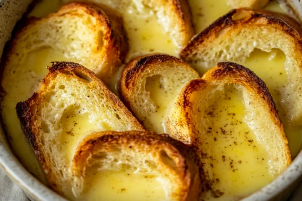 Thick sourdough slices absorbing a creamy, spiced custard mixture in a ceramic dish.