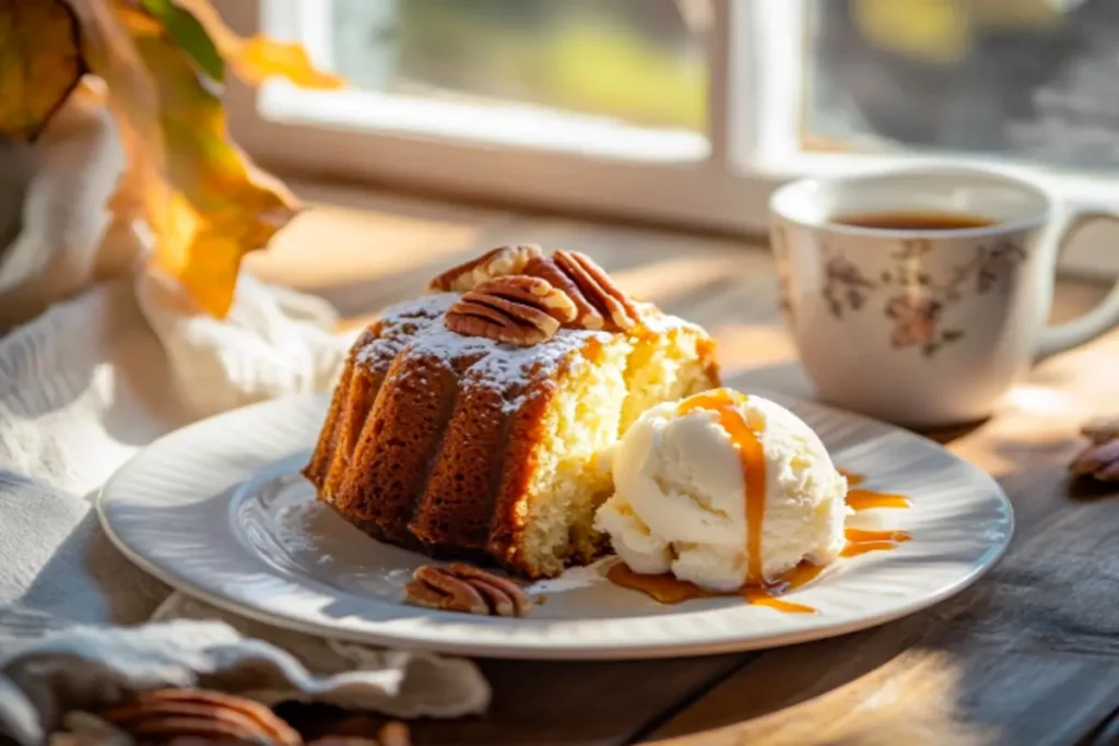 A slice of Butter Pecan Pound Cake served with vanilla ice cream and caramel sauce.