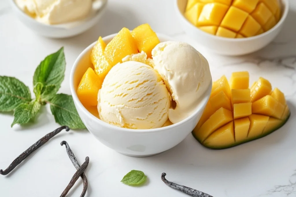 A bowl of homemade mango sorbet and a bowl of vanilla ice cream with fresh ingredients beside them.