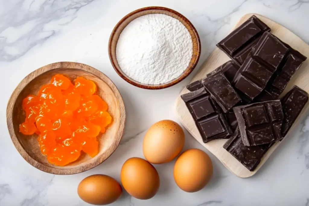 Eggs, sugar, flour, orange jelly, and dark chocolate laid out on a wooden board.