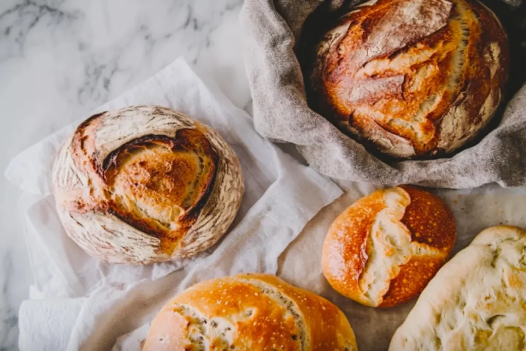 Various types of bread loaves, from sourdough to brioche, showing texture variations.