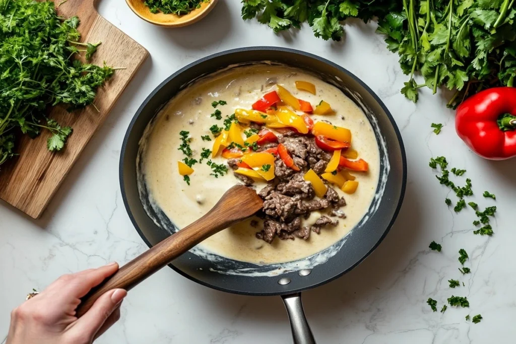 A cook stirring a creamy cheese sauce while preparing Philly cheesesteak pasta.