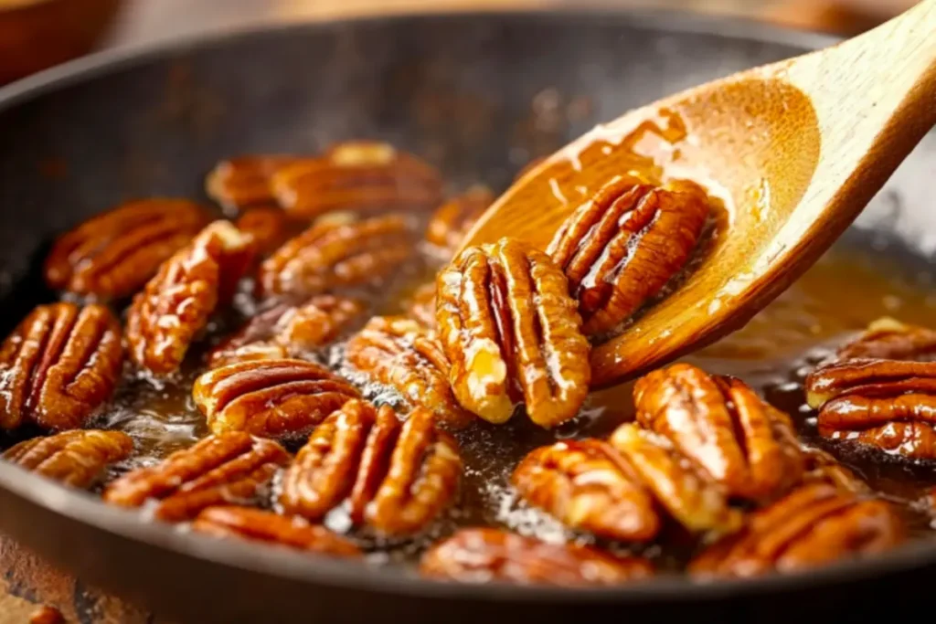 A close-up of golden toasted pecans sizzling in a buttered pan, releasing their rich aroma.