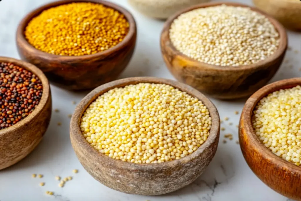 Four bowls of millet grains with labels for each type