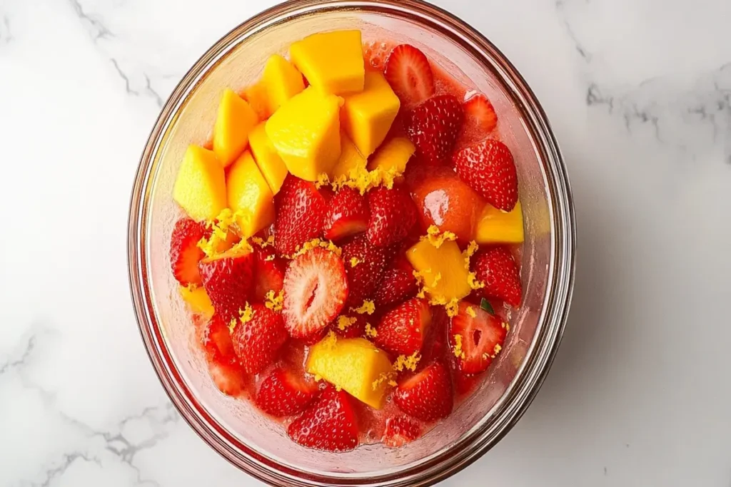 A glass bowl with blended fruit, including strawberries, mango, and lemon zest, for homemade sorbet.