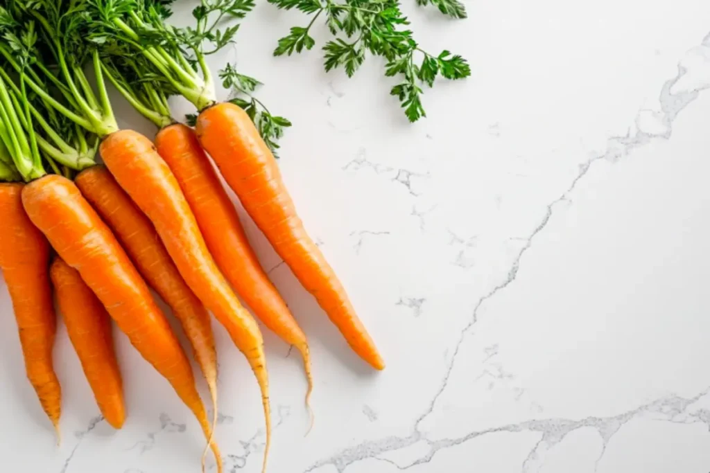 Fresh carrots with nutrient highlights like fiber and antioxidants.