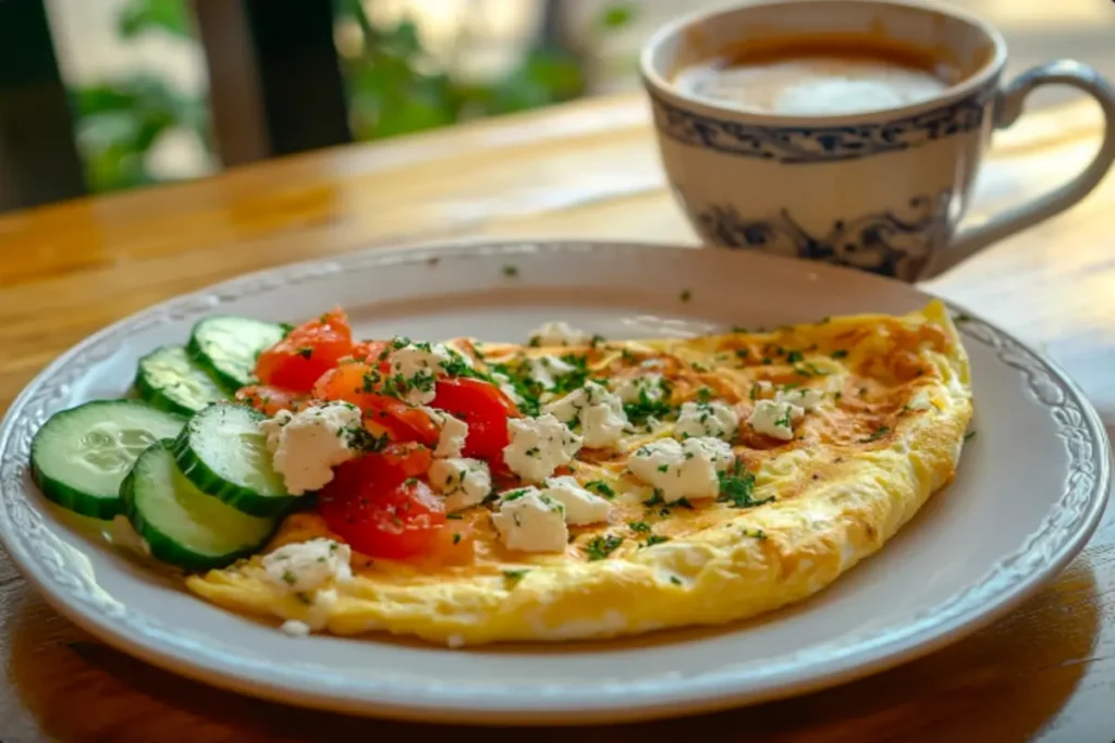 A steaming cup of traditional Greek coffee served alongside a Greek omelet.