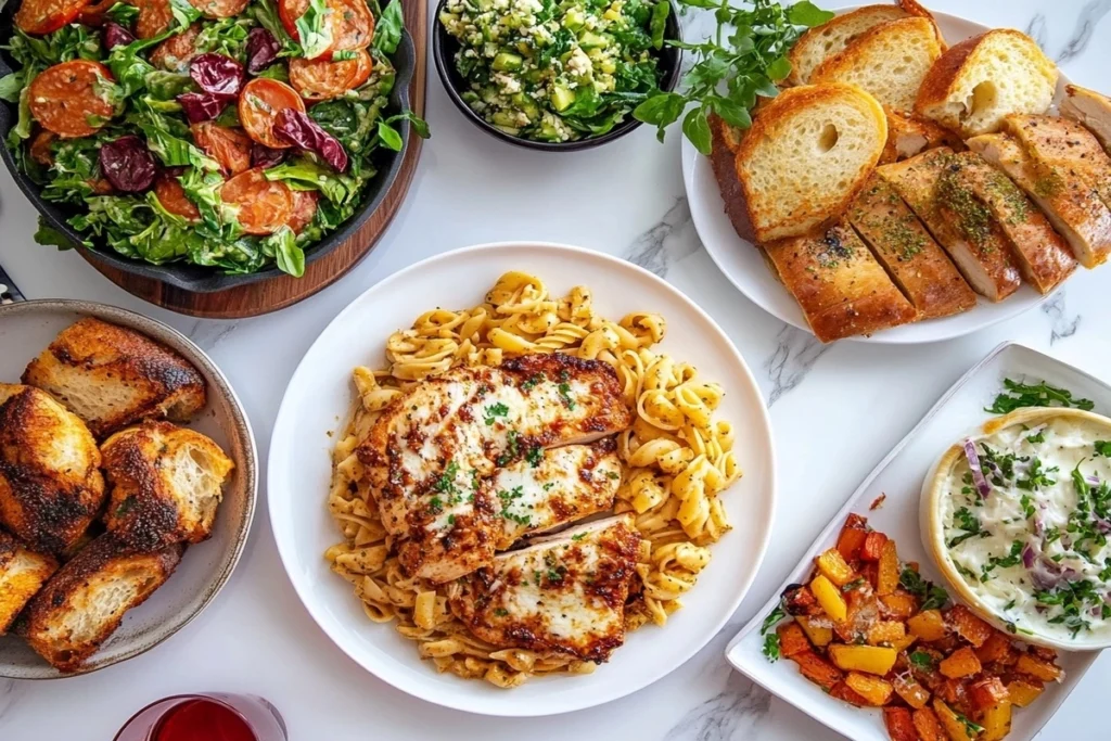 A full meal spread featuring Chicken Parmesan pasta with side dishes like garlic bread and Caesar salad. 