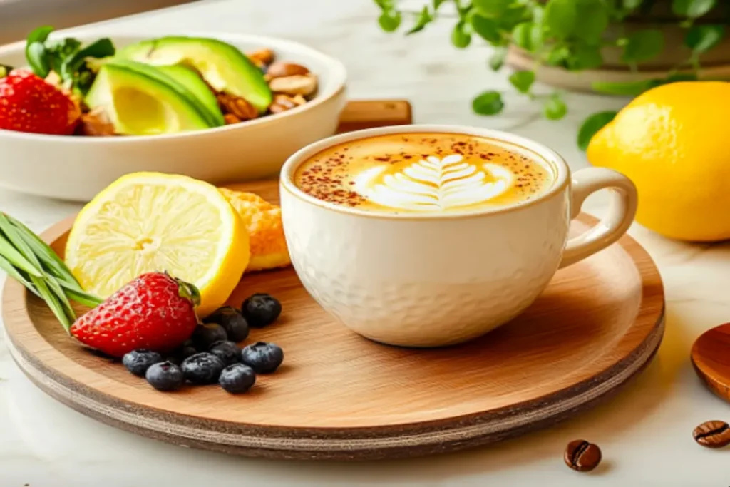 A cup of lemongrass coffee next to avocado toast, fresh fruit, and a lemon pastry, arranged on a wooden table. 