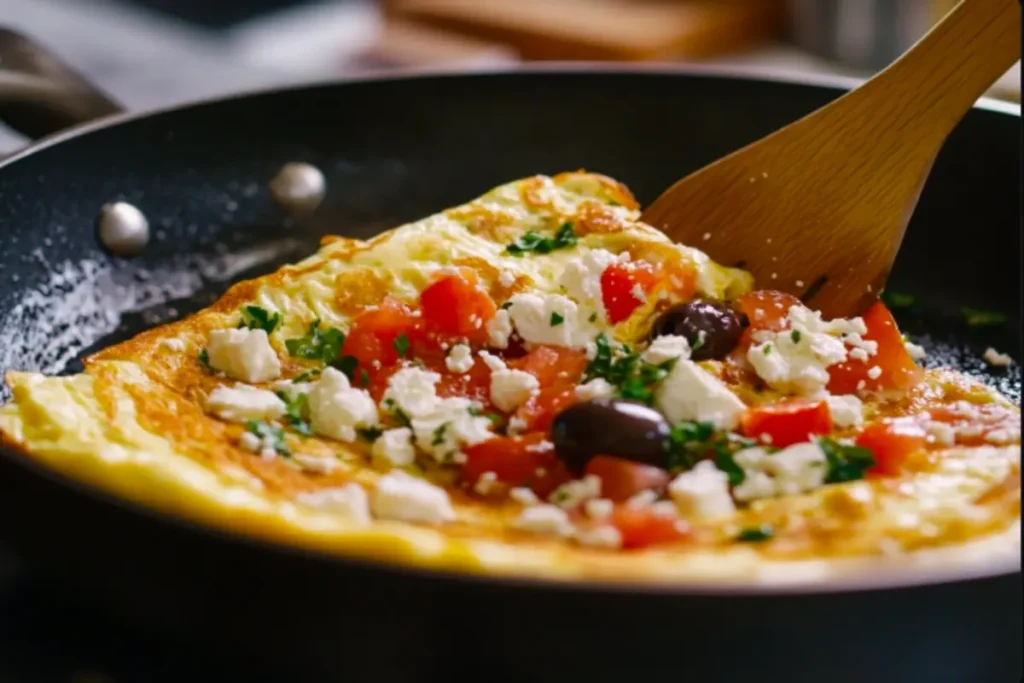 A Greek omelet cooking in a non-stick pan with bubbling cheese and vibrant vegetables.