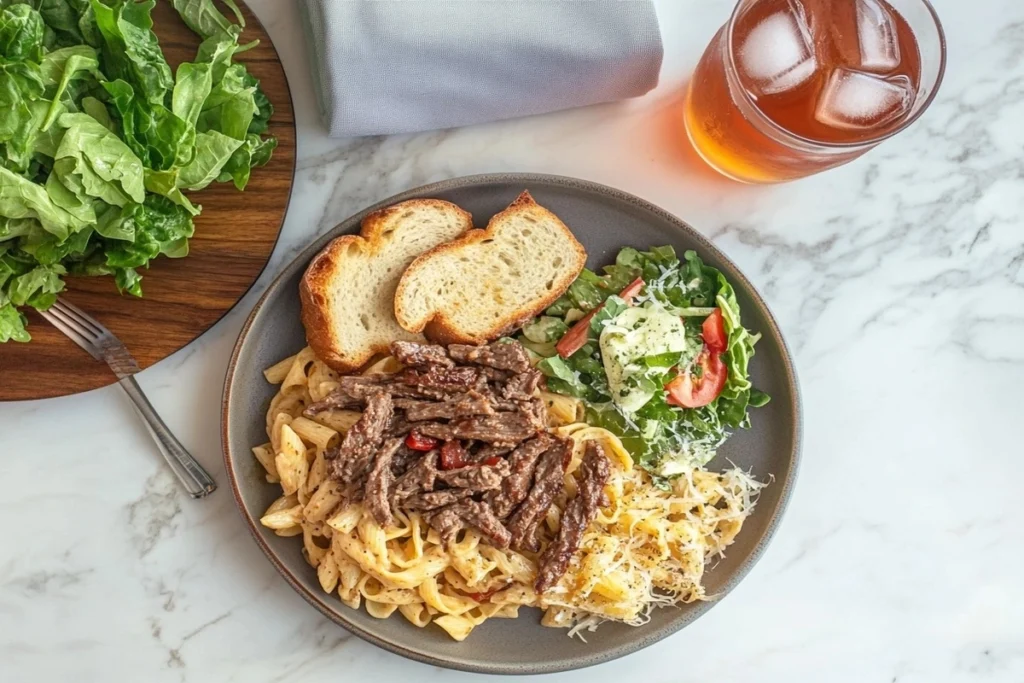 A dinner setup featuring Philly cheesesteak pasta with garlic bread and a Caesar salad.