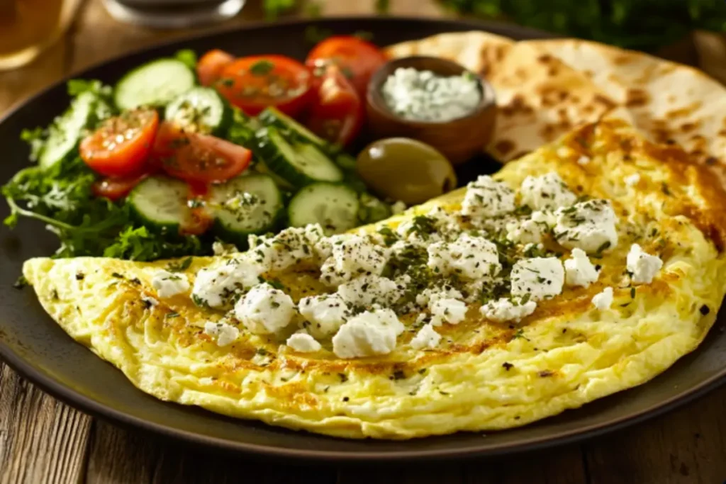 A Greek omelet served on a ceramic plate, accompanied by a fresh Greek salad and pita bread.