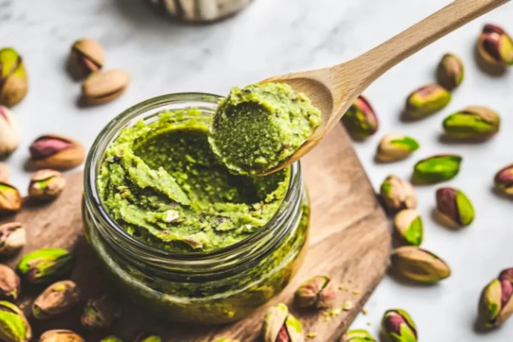 A spoon lifting creamy pistachio paste from a jar, with whole pistachios scattered around.