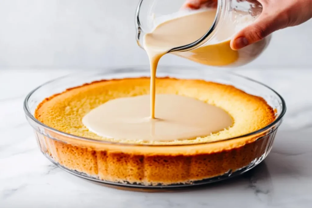 A rich plant-based milk mixture being poured over a vegan sponge cake. 
