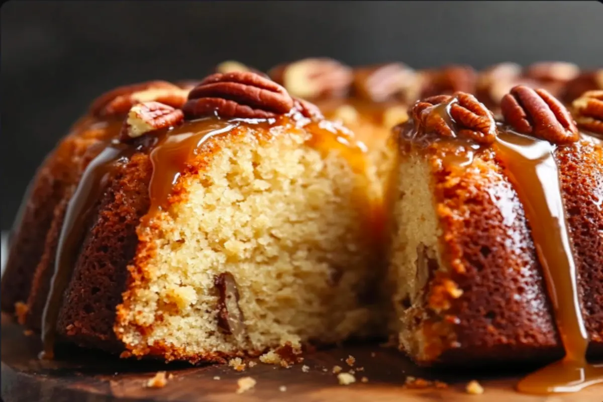 A golden brown Butter Pecan Pound Cake with a soft interior, toasted pecans, and caramel drizzle.