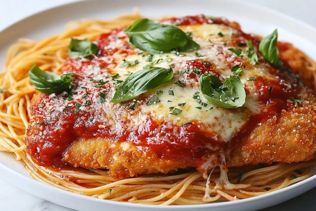 A close-up of crispy breaded chicken parmesan over spaghetti with marinara sauce, topped with melted mozzarella and fresh basil.