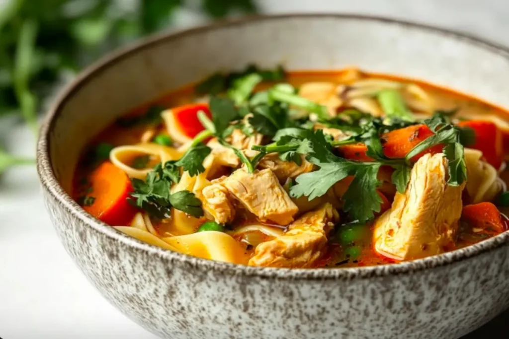 A steaming bowl of gluten-free chicken noodle soup with chicken, vegetables, and herbs.