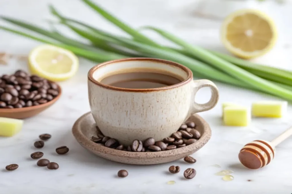 A cup of lemongrass coffee with key health benefits illustrated around it in elegant typography. 