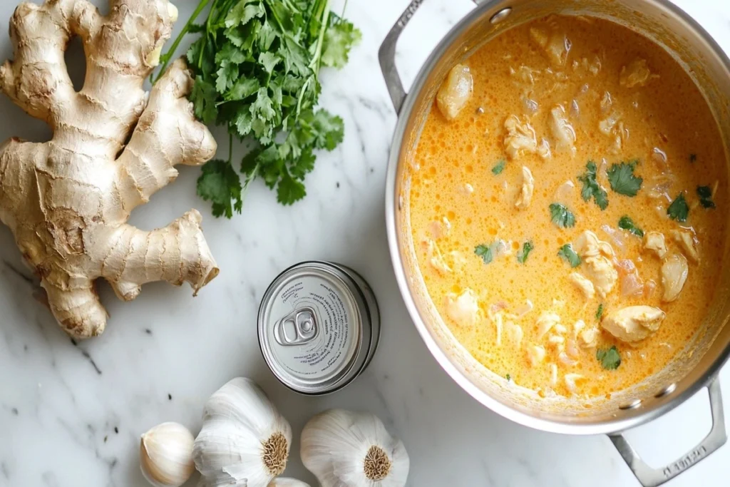 Fresh ginger, garlic, full-fat coconut milk, and simmering coconut curry chicken soup.