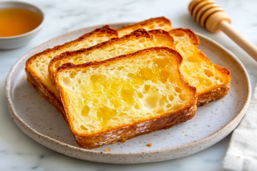 Golden toasted slices of rectangular croissant bread with a crispy crust and soft, flaky interior, served on a ceramic plate with honey and a butter knife.