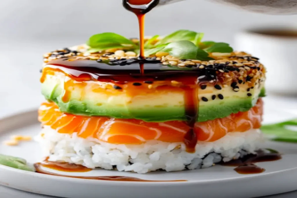 A sushi cake topped with black sesame seeds, surrounded by soy sauce.